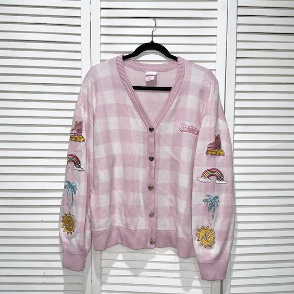 Her Universe Barbie Pink Gingham Patch Cardigan Size L - Picture 1 of 6